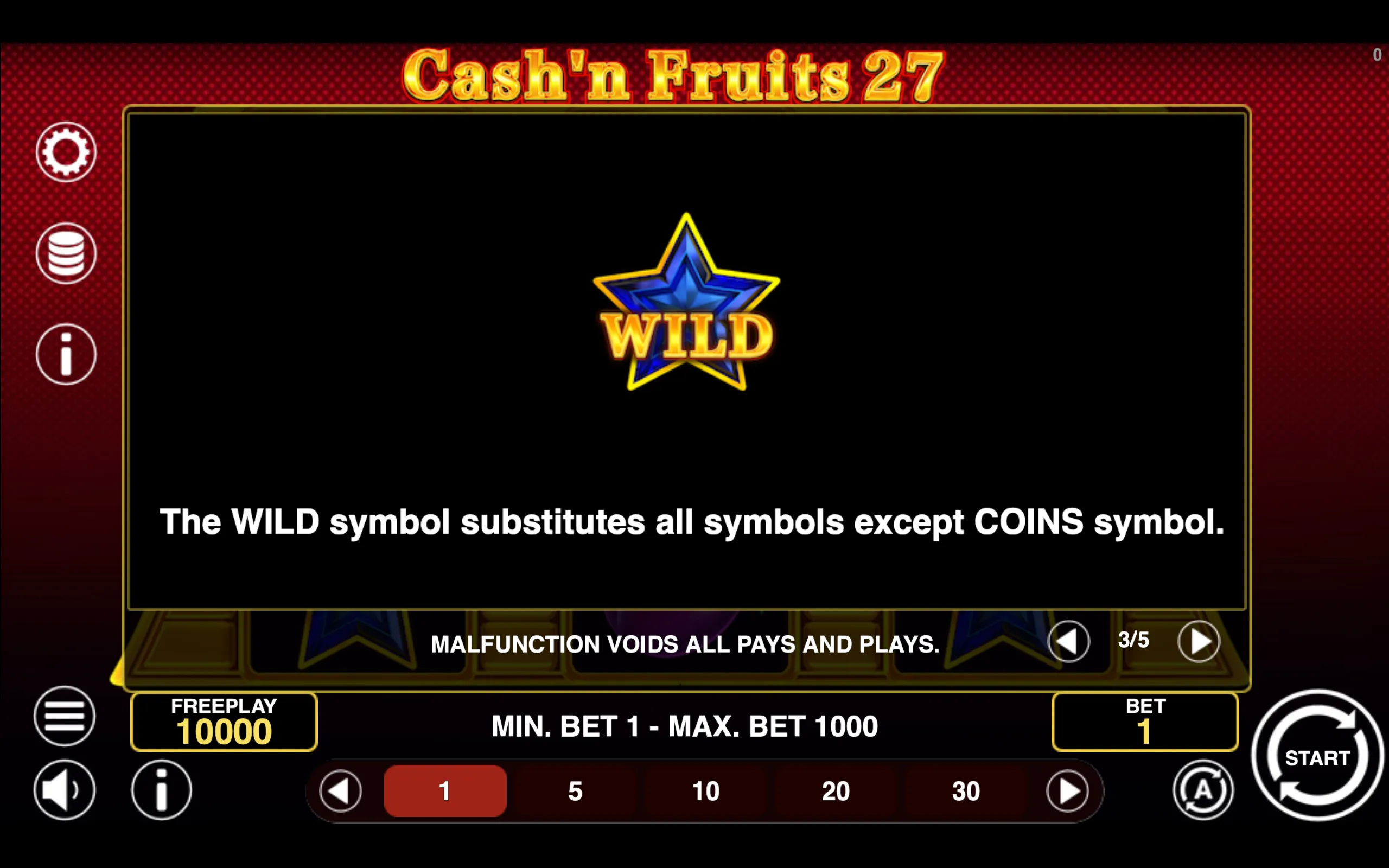 Cash'n Fruits 27 paytable page 3 with symbol payouts