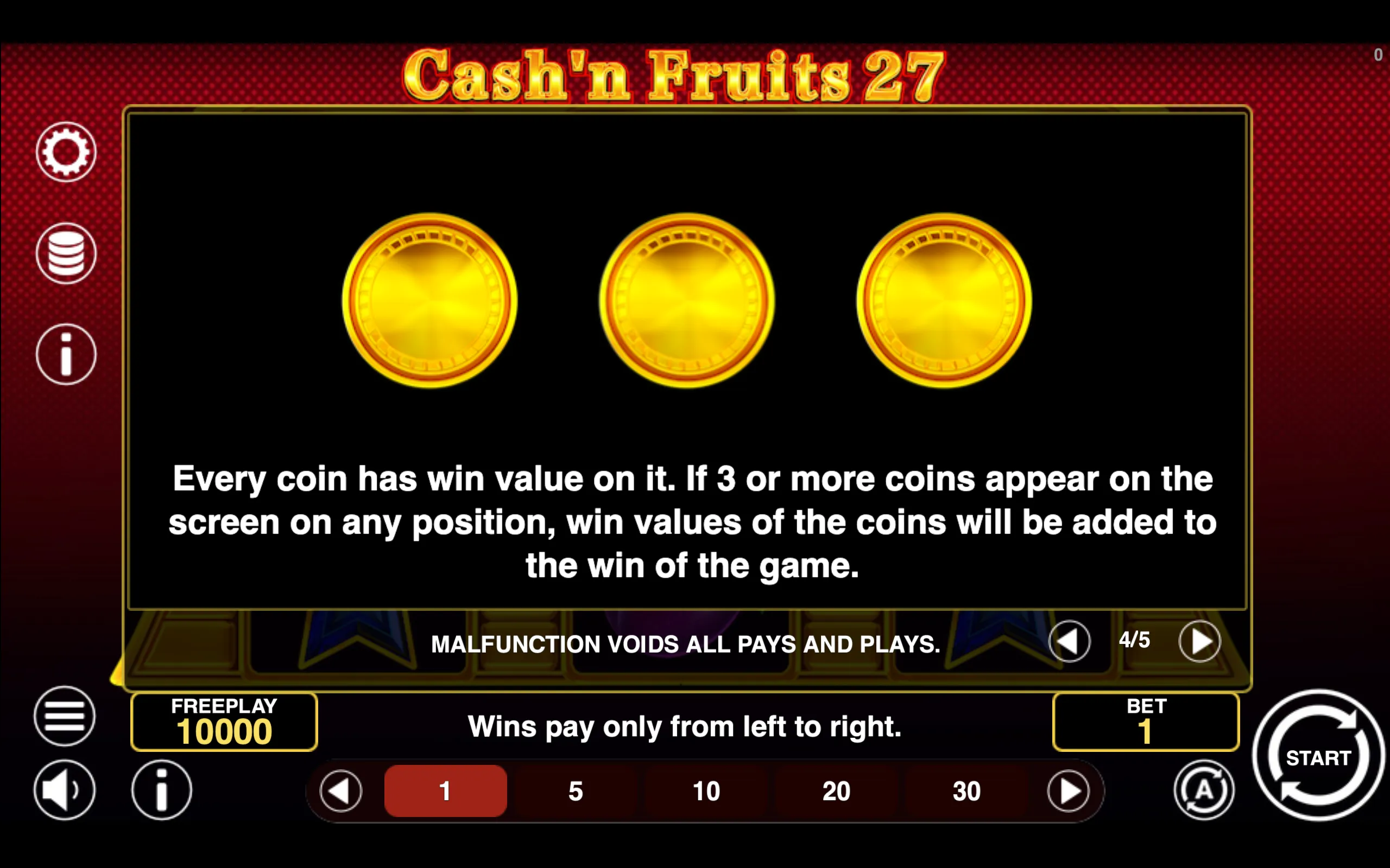 Cash'n Fruits 27 paytable page 4 with symbol payouts