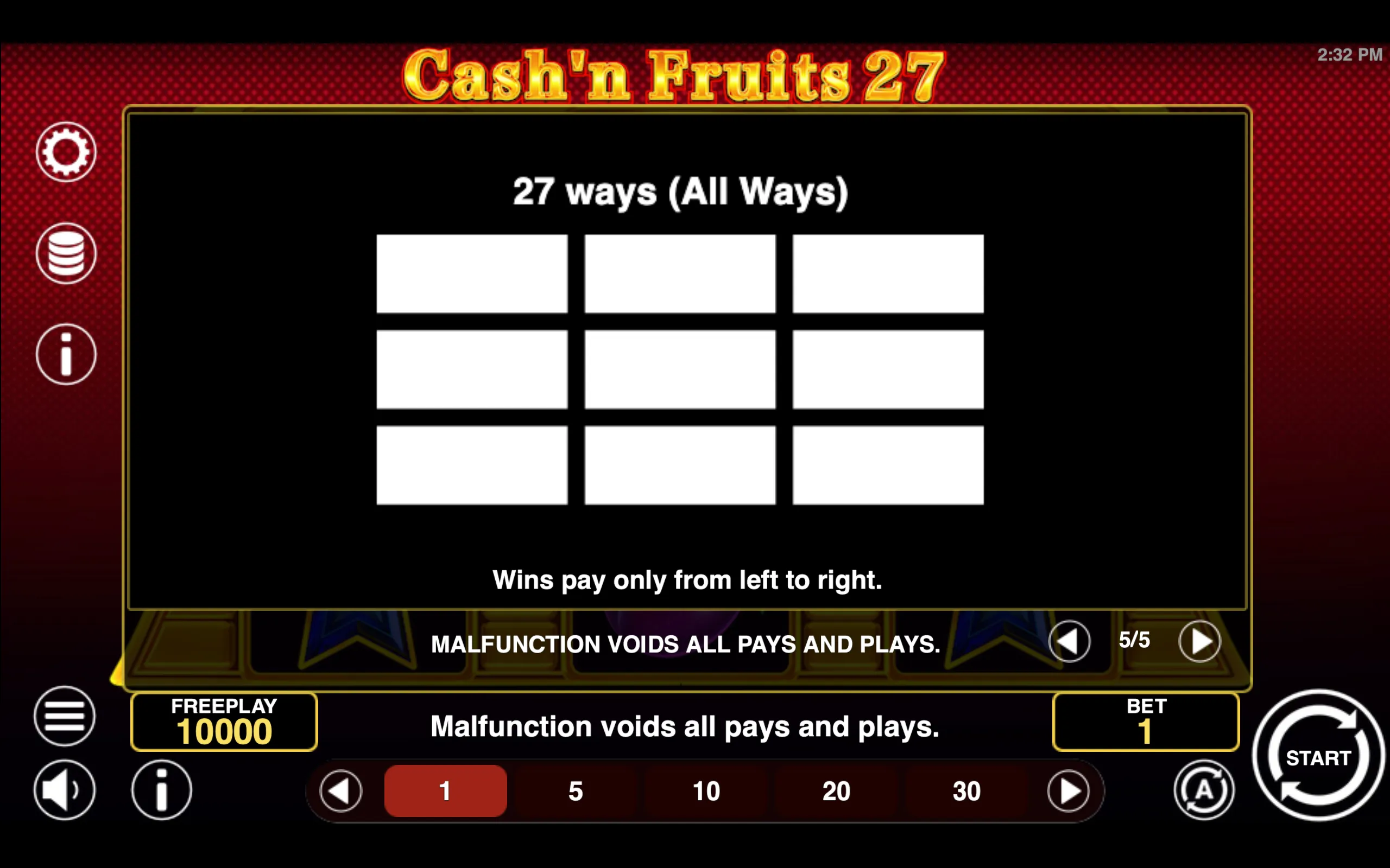 Cash'n Fruits 27 paytable page 5 with symbol payouts