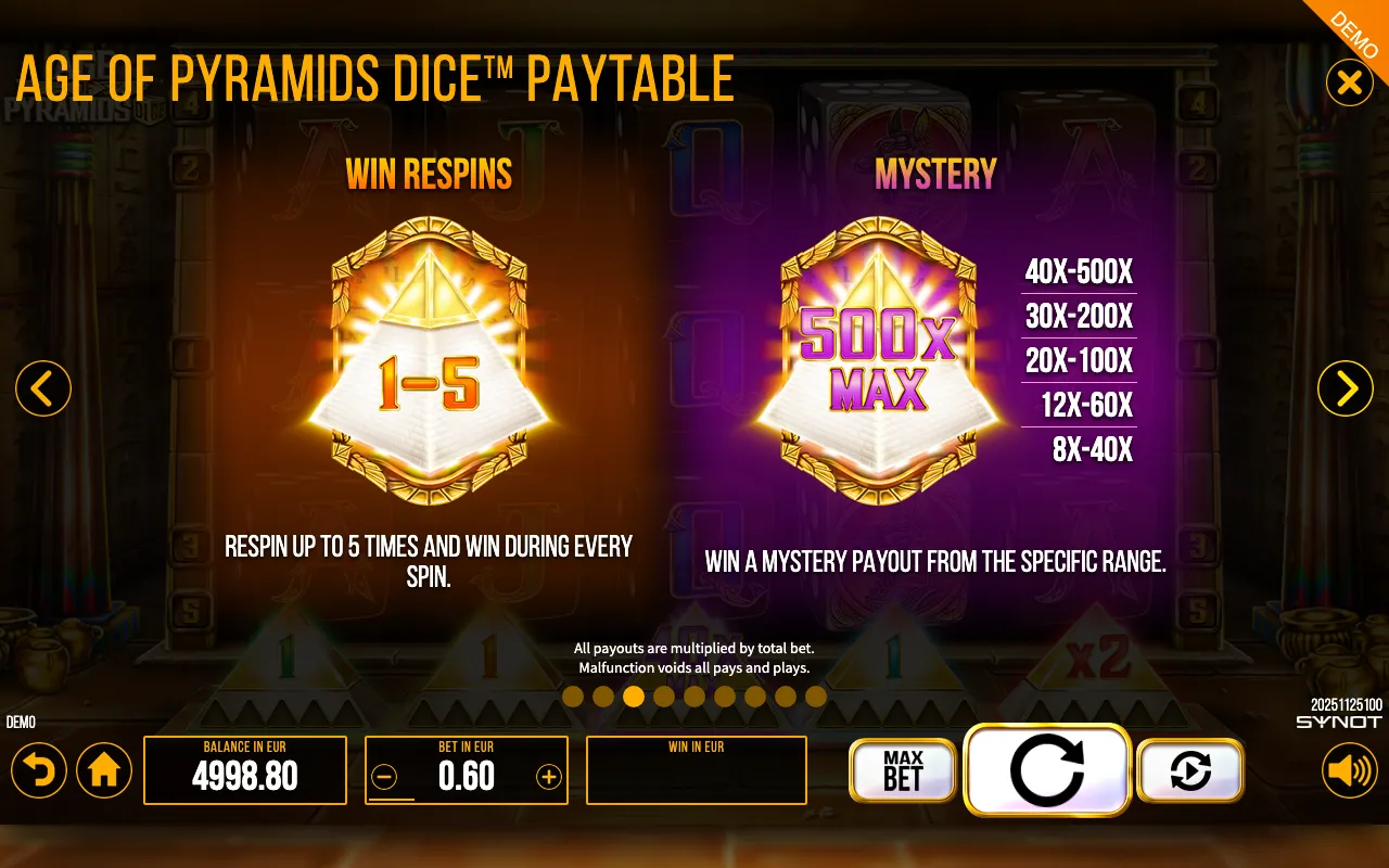 Age of Pyramids Dice paytable page 3 with symbol payouts