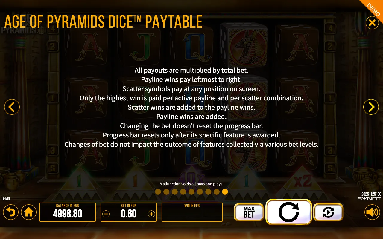 Age of Pyramids Dice paytable page 7 with symbol payouts