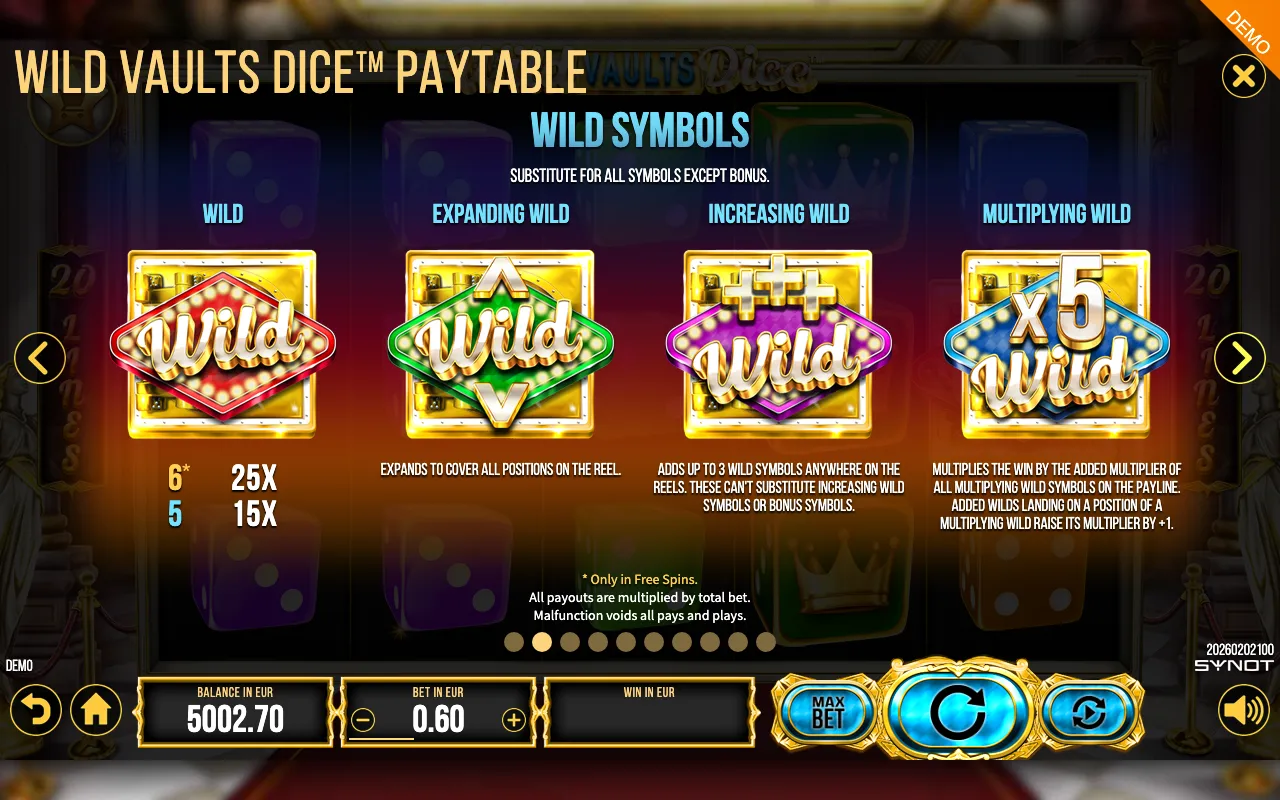 Wild Vaults Dice paytable page 1 with symbol payouts