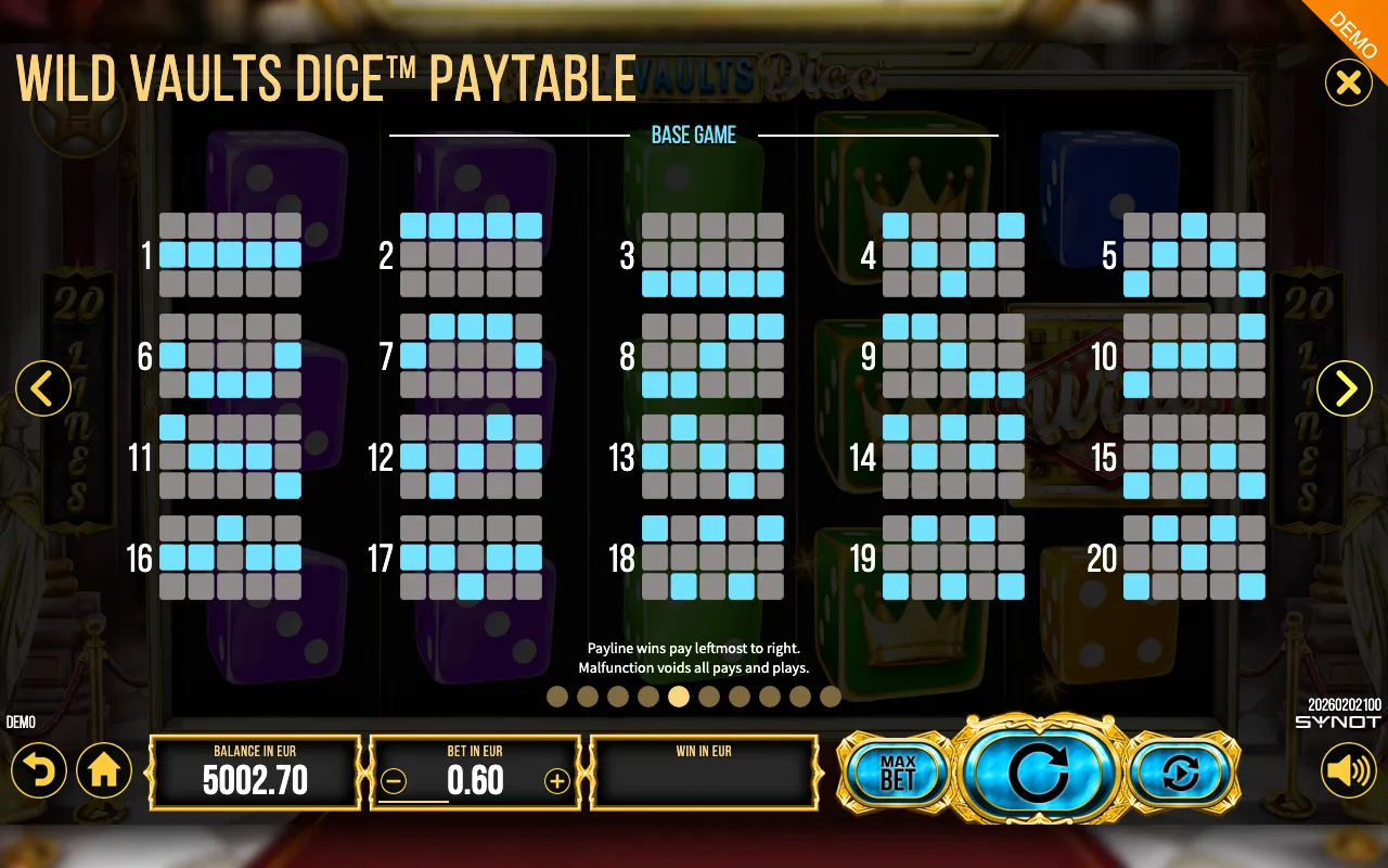 Wild Vaults Dice paytable page 3 with symbol payouts