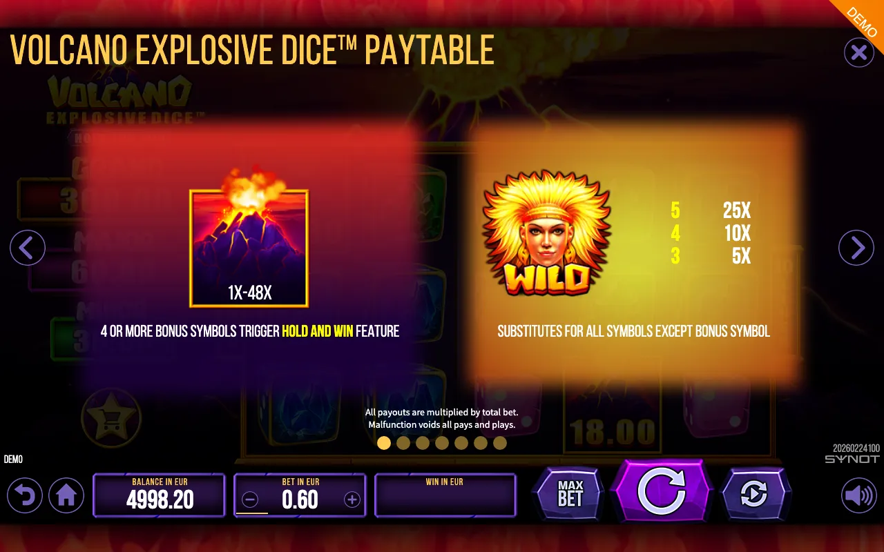 Volcano Explosive Dice paytable page 1 with symbol payouts