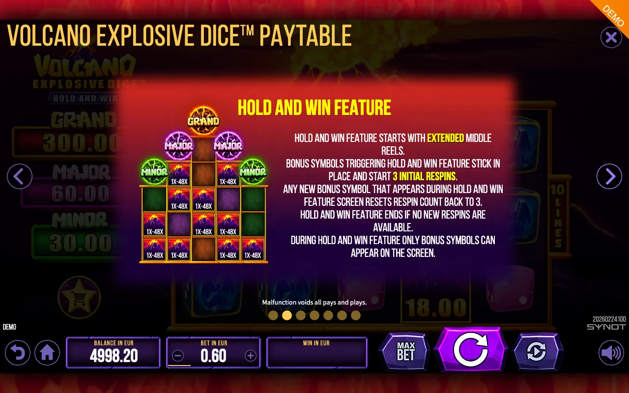 Volcano Explosive Dice paytable page 2 with symbol payouts