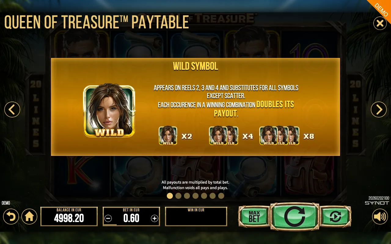 Queen of Treasure paytable page 1 with symbol payouts
