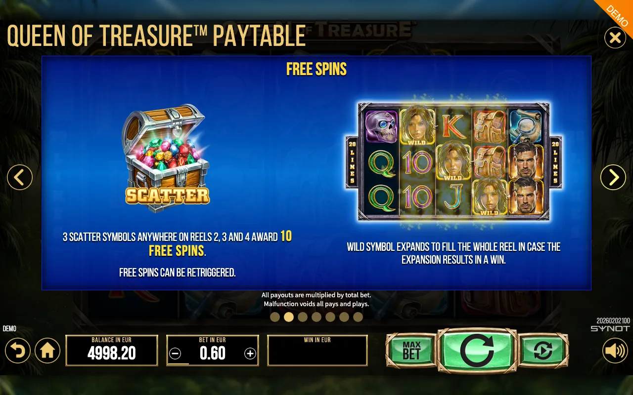 Queen of Treasure paytable page 2 with symbol payouts