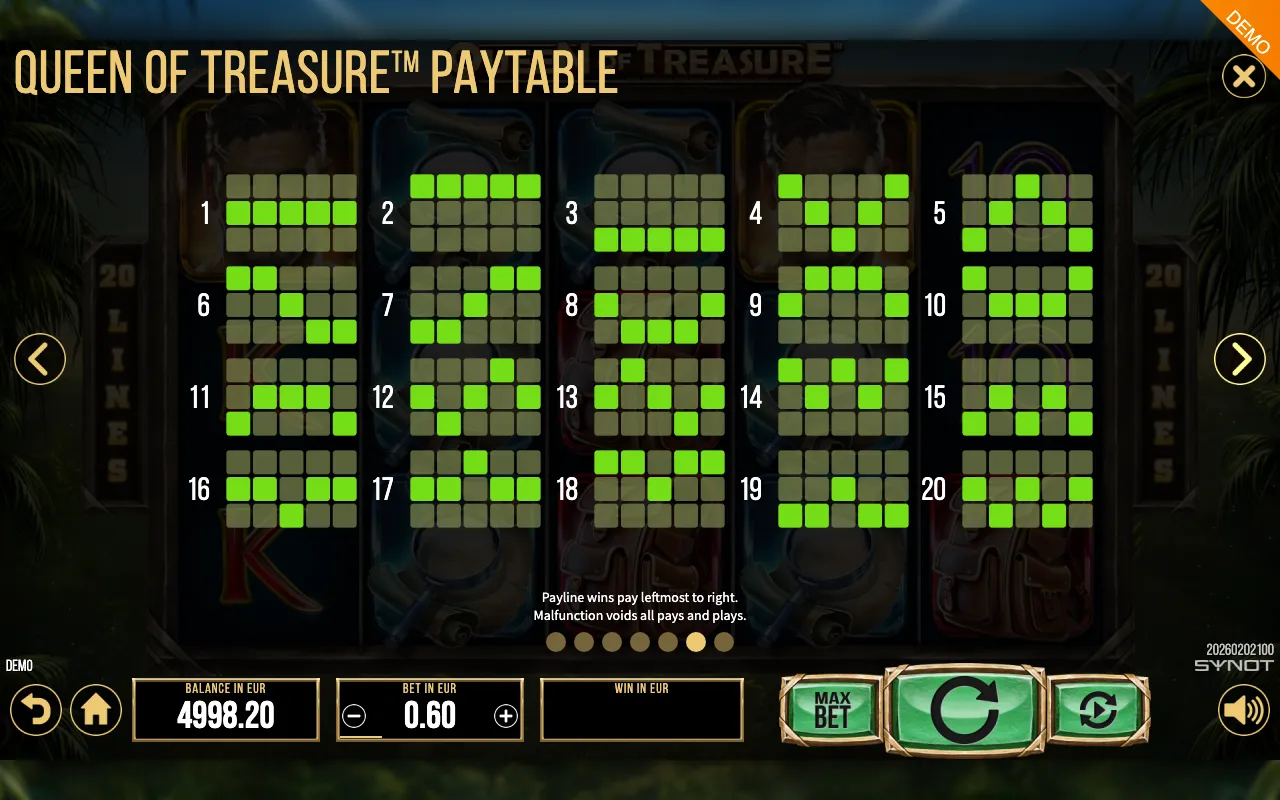 Queen of Treasure paytable page 6 with symbol payouts