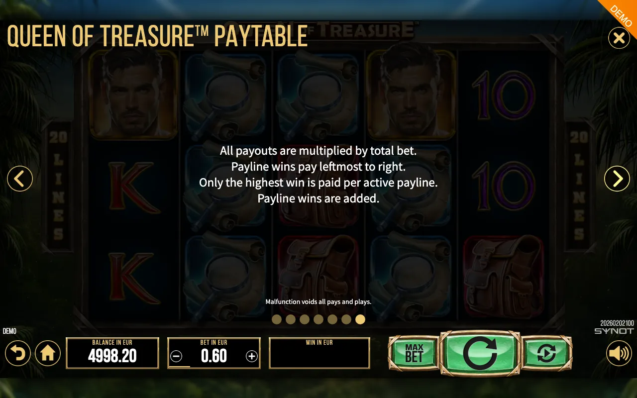 Queen of Treasure paytable page 7 with symbol payouts