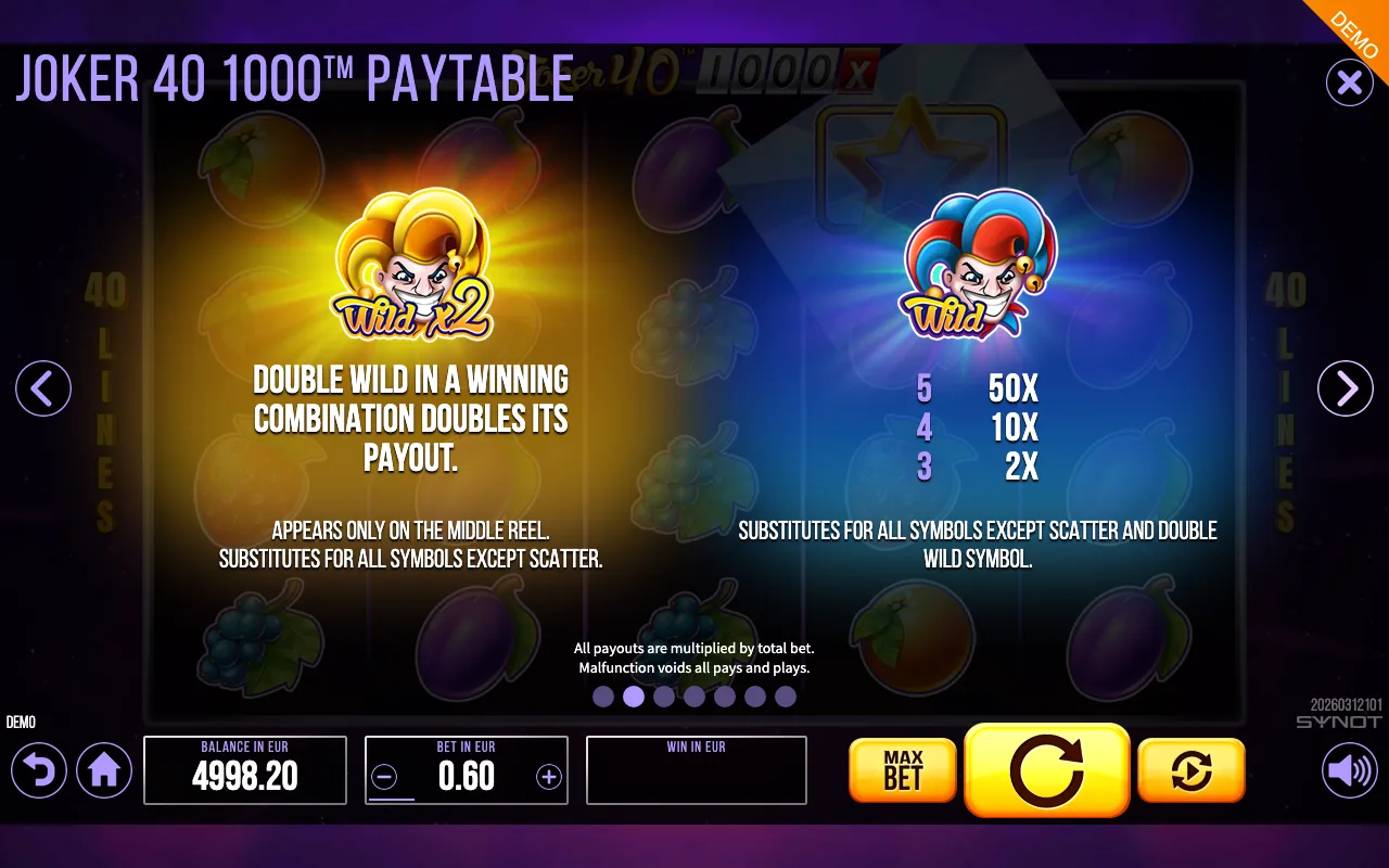 Joker 40 1000 paytable page 1 with symbol payouts