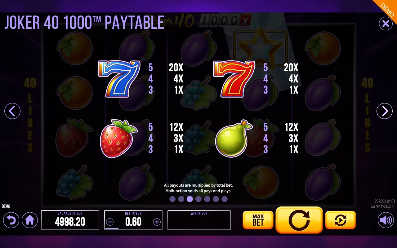 Joker 40 1000 paytable page 2 with symbol payouts