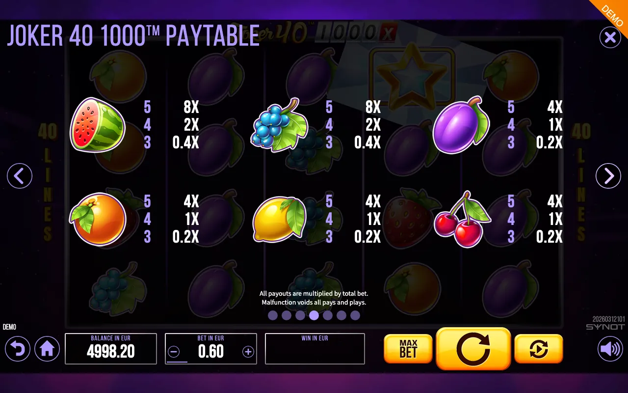 Joker 40 1000 paytable page 3 with symbol payouts