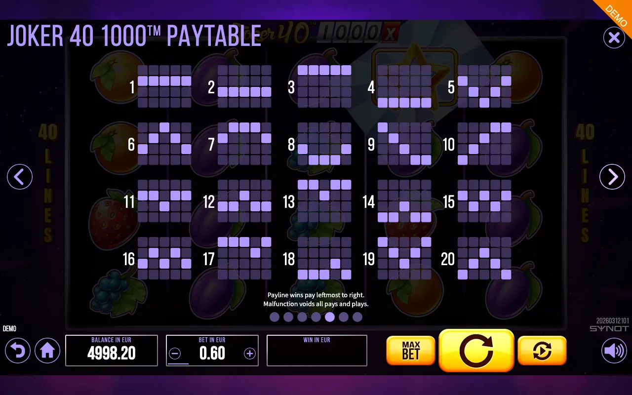 Joker 40 1000 paytable page 4 with symbol payouts