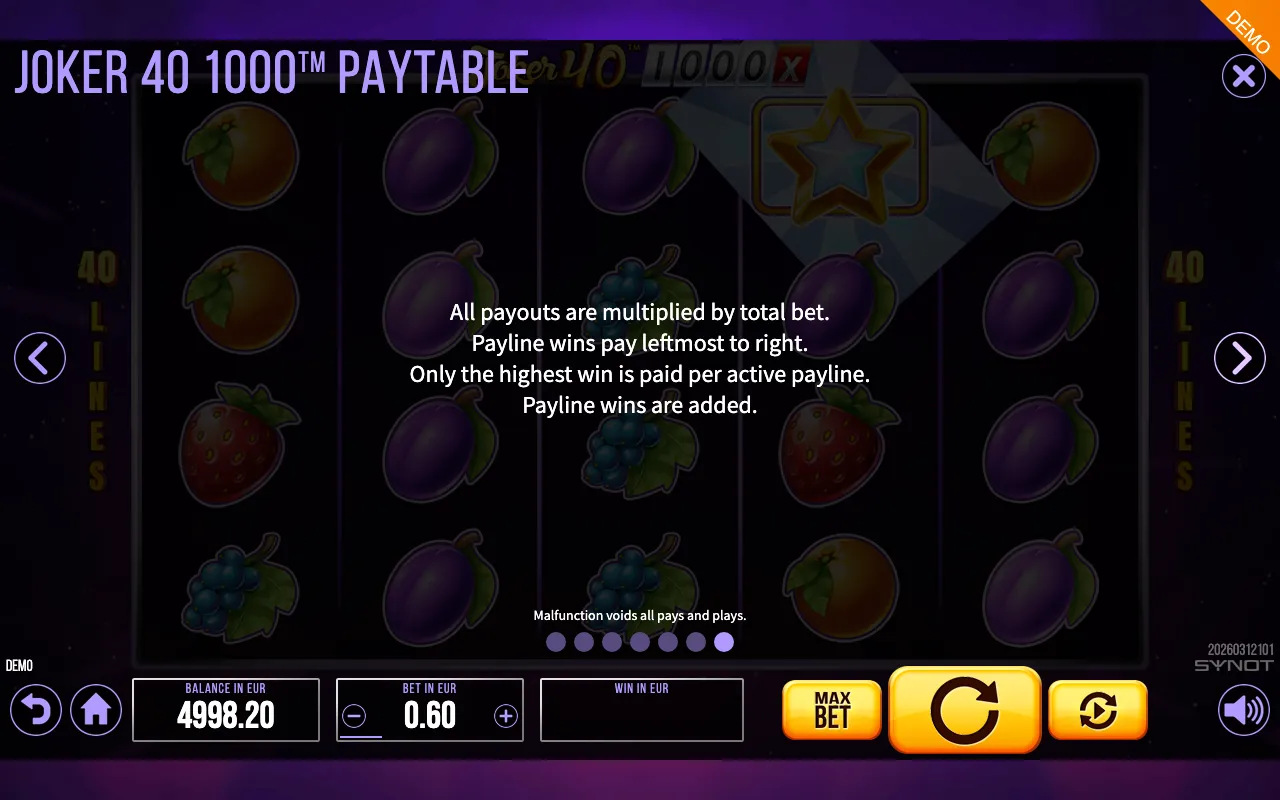 Joker 40 1000 paytable page 5 with symbol payouts