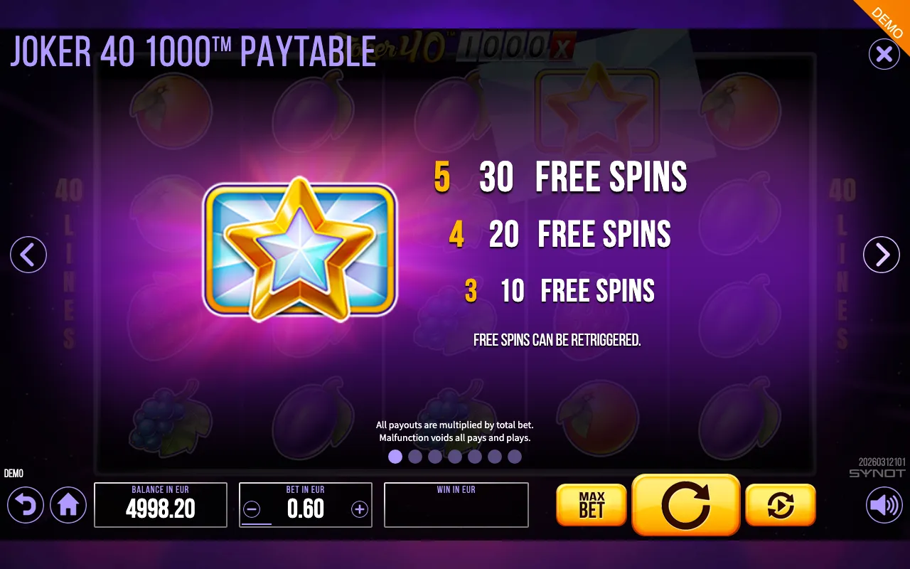 Joker 40 1000 paytable page 6 with symbol payouts