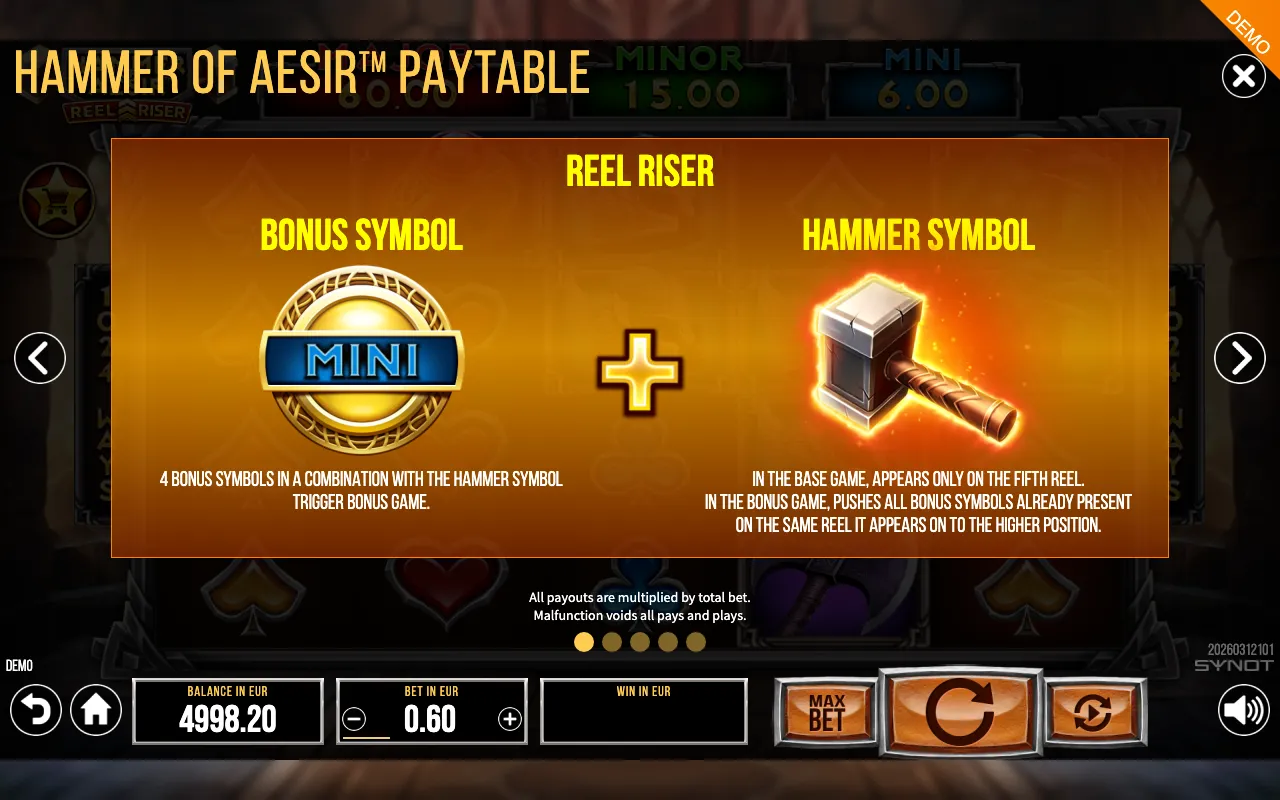 Hammer of Aesir paytable page 3 with symbol payouts