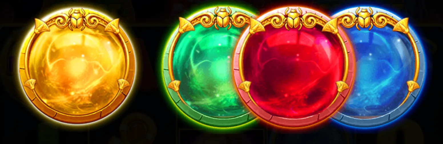 Four glowing mystical orbs in gold, green, red, and blue with golden scarab decorations, symbolizing ancient Egyptian magic and fortune.