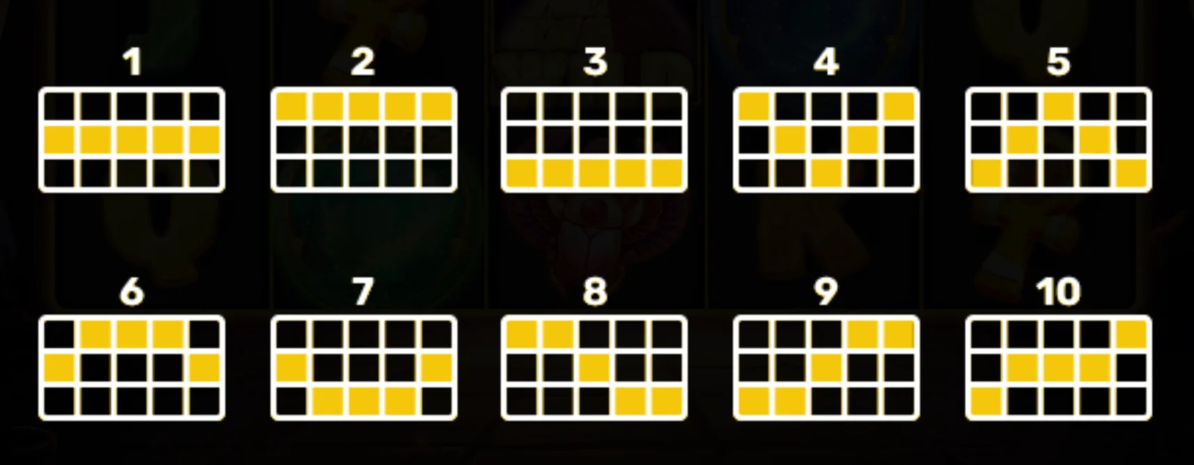 Diagram showing the 10 different paylines in 3 Fortune Mummies slot game, with each payline highlighted in yellow on a 5x3 grid.