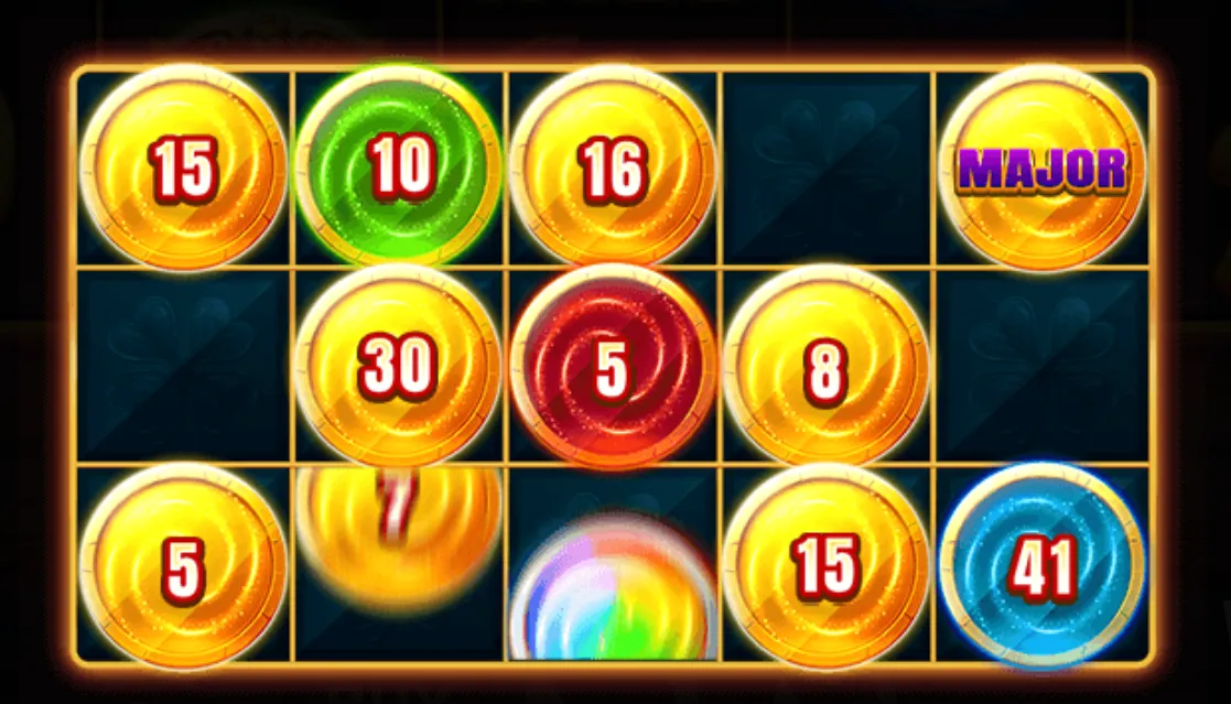 Golden coins with various numbers and a 'MAJOR' jackpot coin displayed on a dark slot grid.