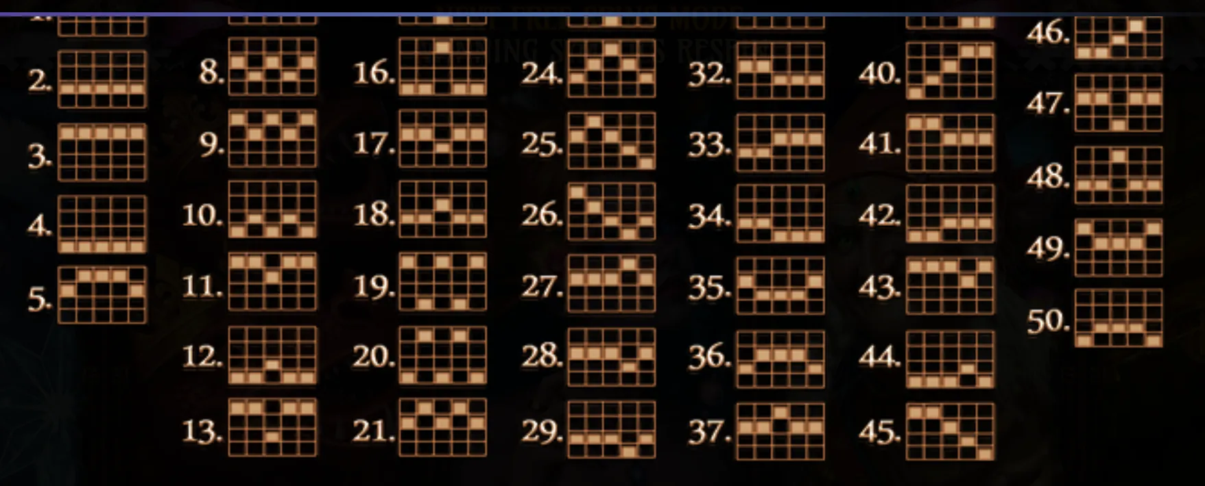 Detailed grid layout showing 50 distinct paylines for Baba Yaga Tales 2 slot game, each with unique winning patterns.