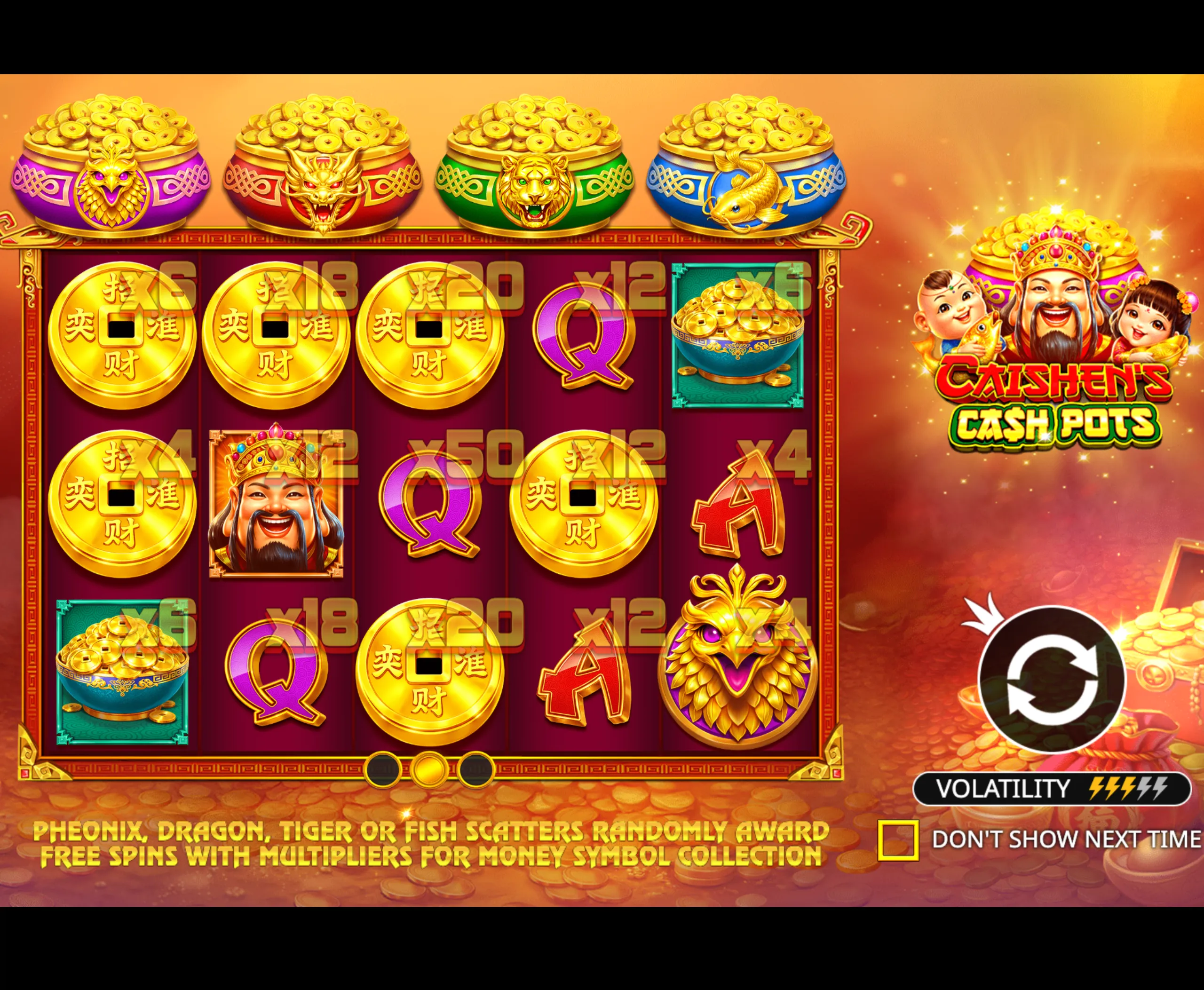 Brightly colored slot game interface featuring gold coin pots with animal emblems, Chinese coins, and a cheerful Caishen figure with children, symbolizing wealth and fortune.