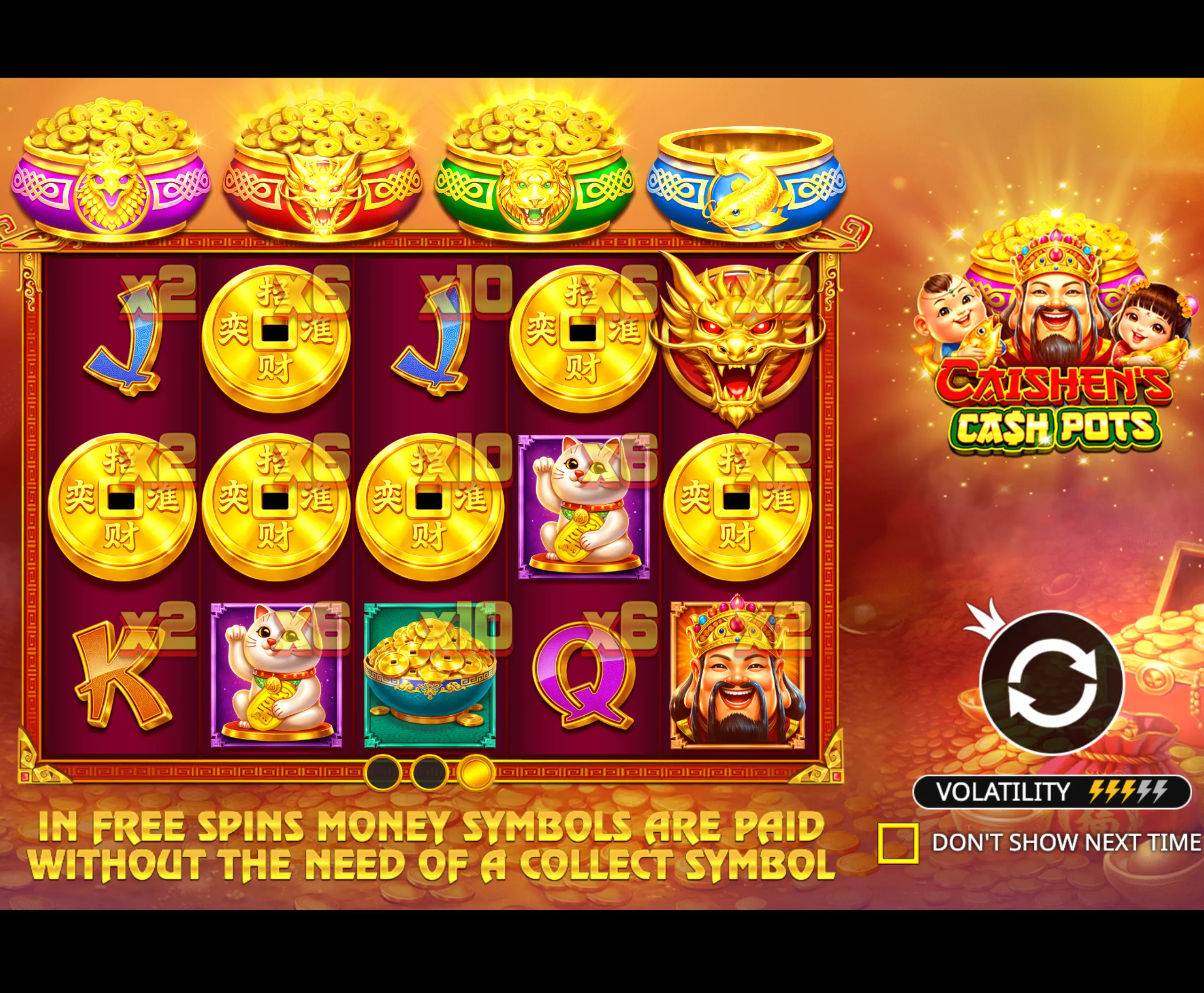 Bright and colorful slot game interface featuring golden coins, traditional Chinese symbols, and a cheerful depiction of Caishen with children, highlighting multipliers and money pots.
