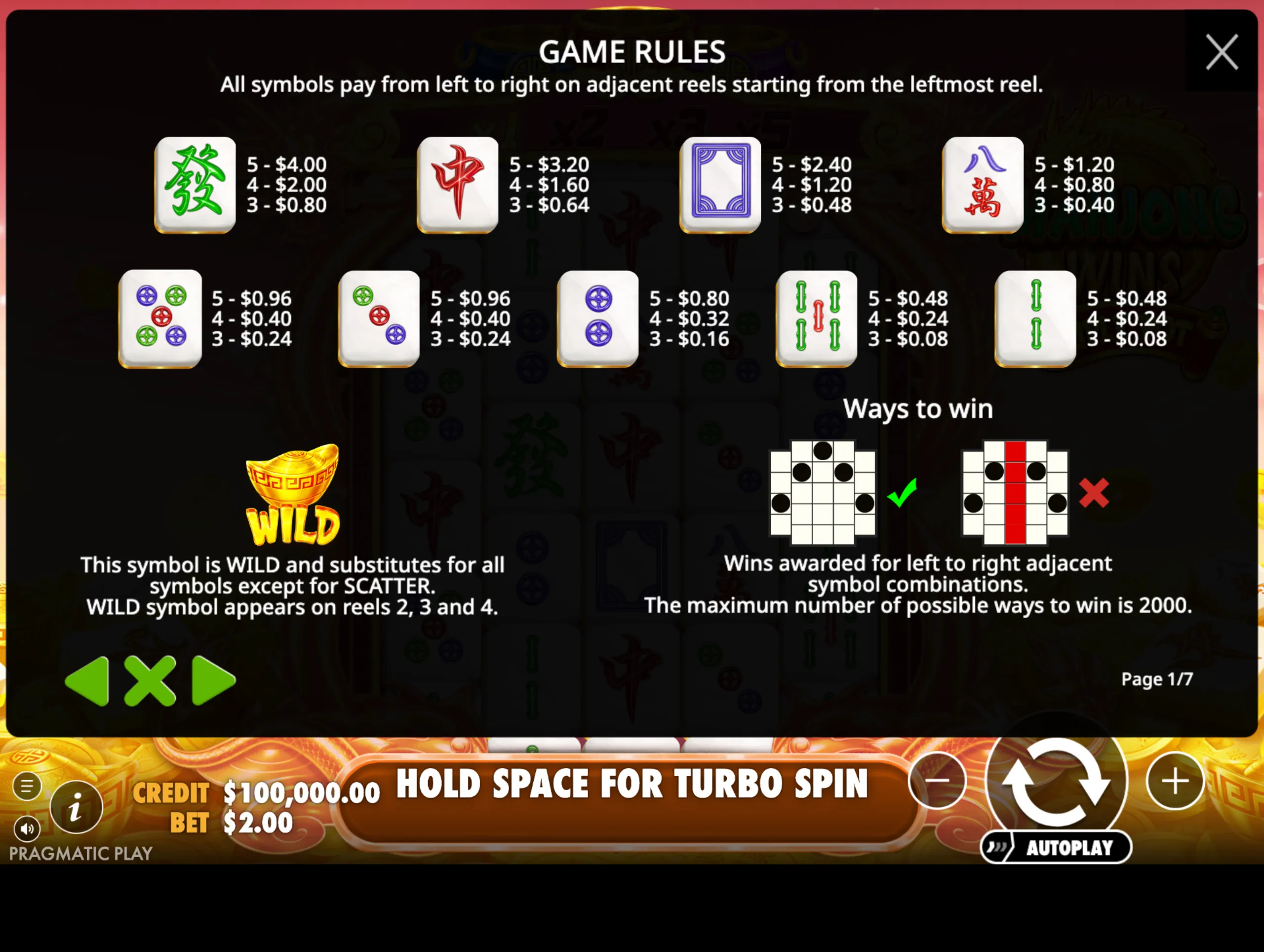 Game rules and symbol payout chart for Mahjong Wins Triple Pot slot, showing various Mahjong tile symbols with associated payout values and wild symbol explanation.