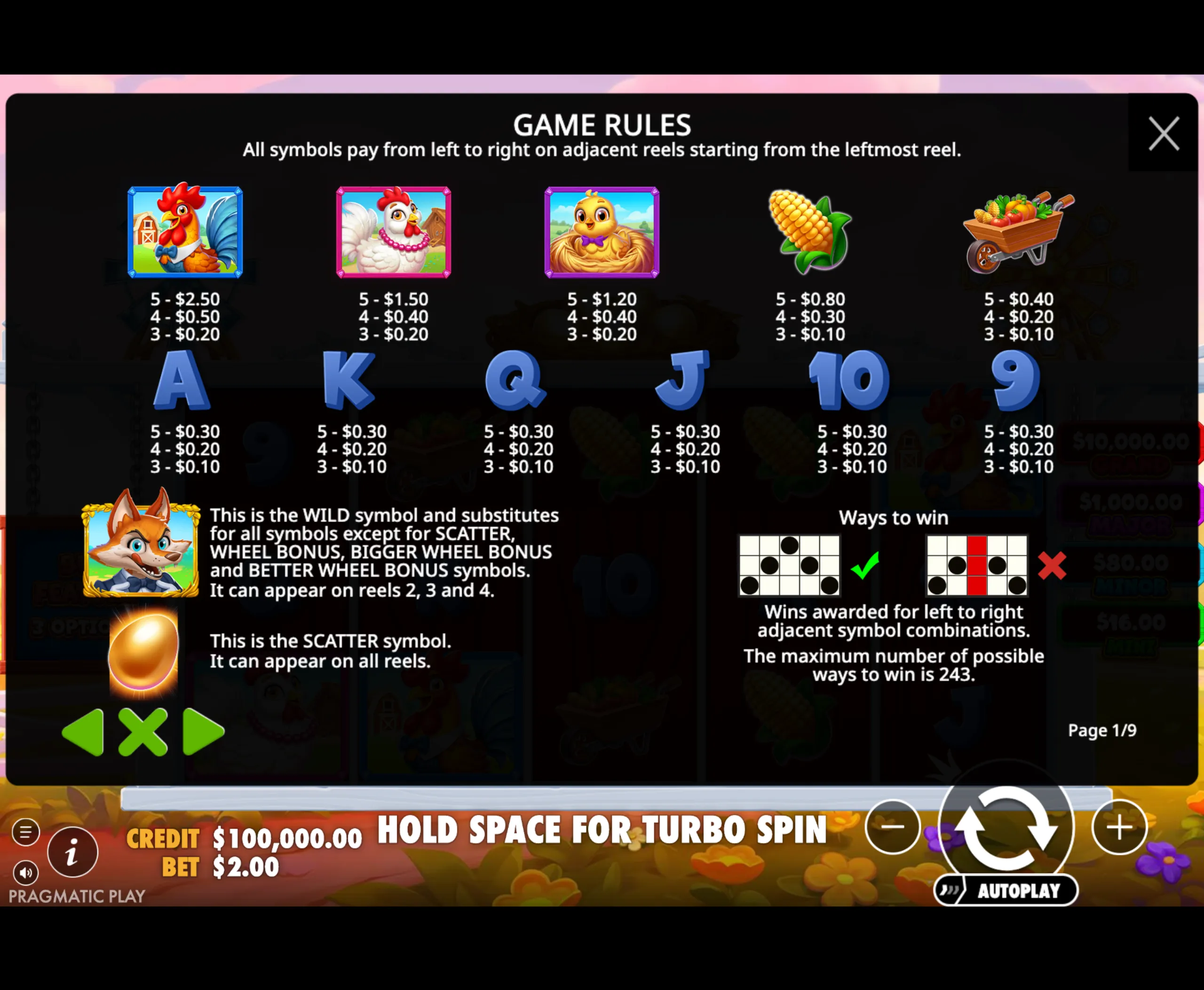 Better Barn House Bonanza slot game paytable and rules screen showing farm animal and crop symbols with their payouts and explanations of wild and scatter symbols.