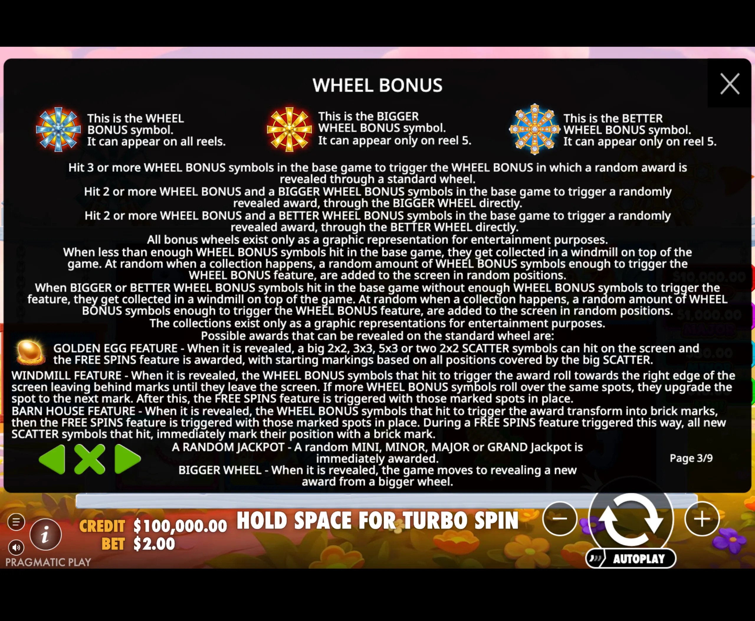 Detailed explanation of the Wheel Bonus symbols and features in Better Barn House Bonanza slot, including the standard, bigger, and better wheel bonus symbols and their triggering conditions.