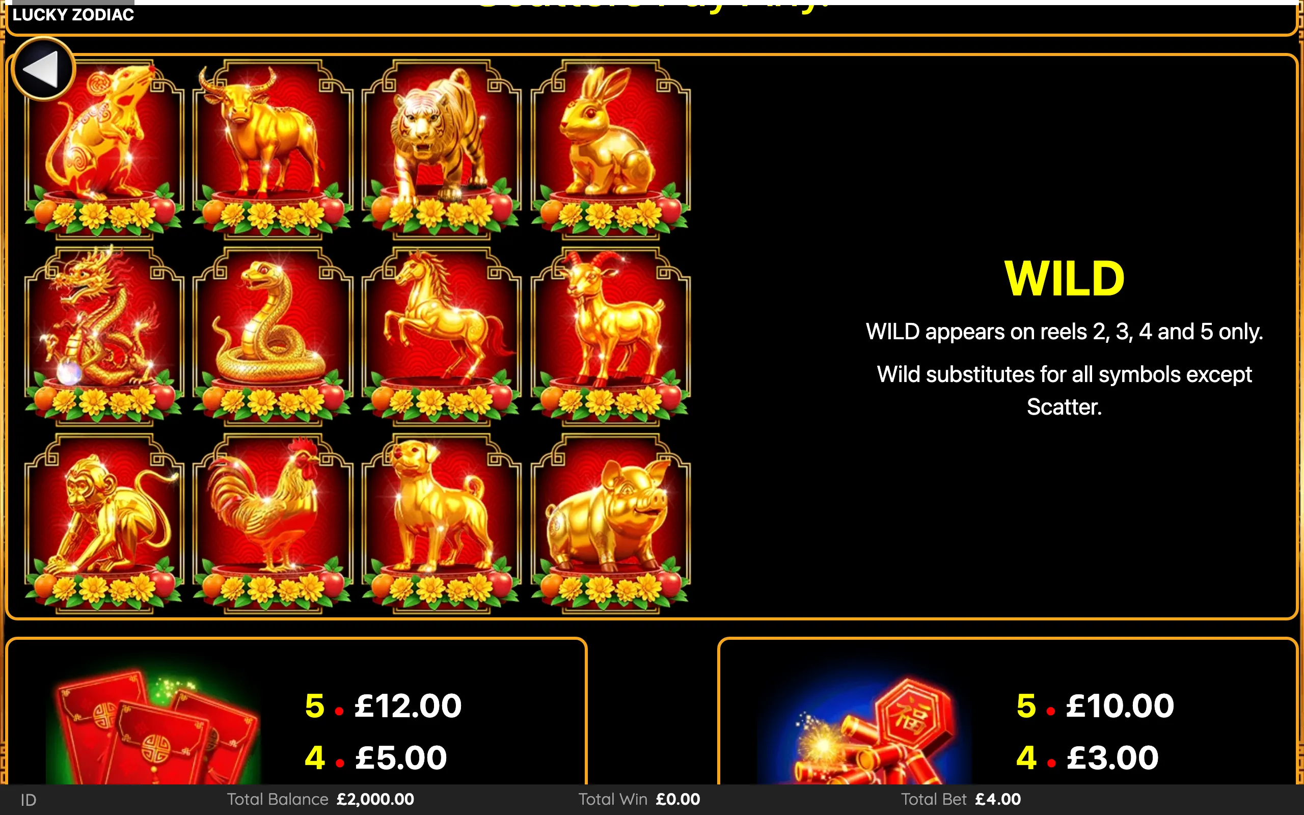 Lucky Zodiac paytable page 2 with symbol payouts