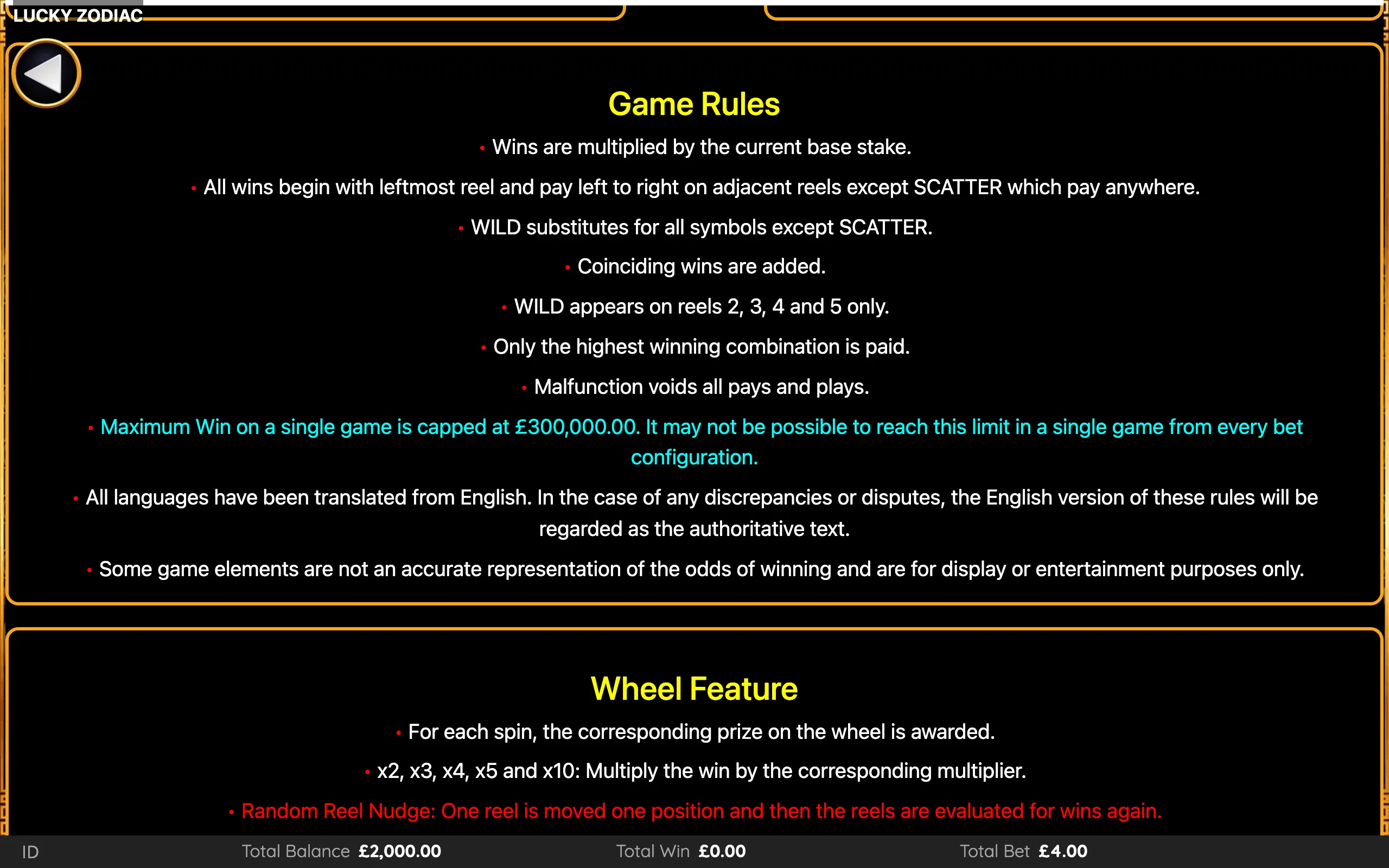 Lucky Zodiac paytable page 5 with symbol payouts