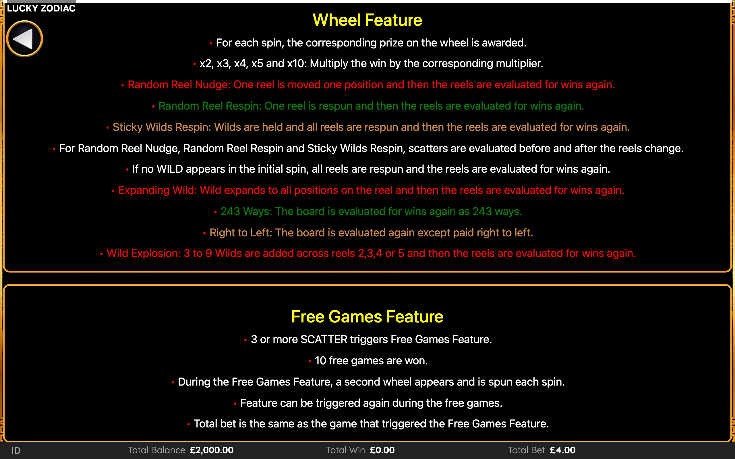 Lucky Zodiac paytable page 6 with symbol payouts