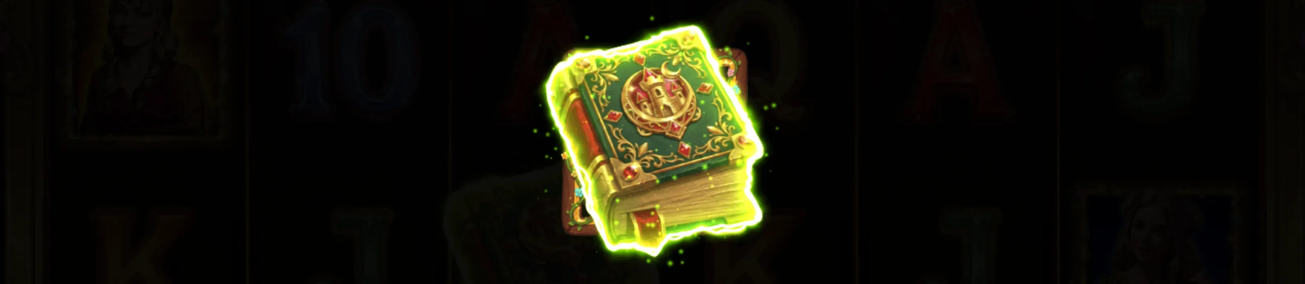 A glowing enchanted book with ornate golden details and a castle emblem, symbolizing magic and fairytale themes.