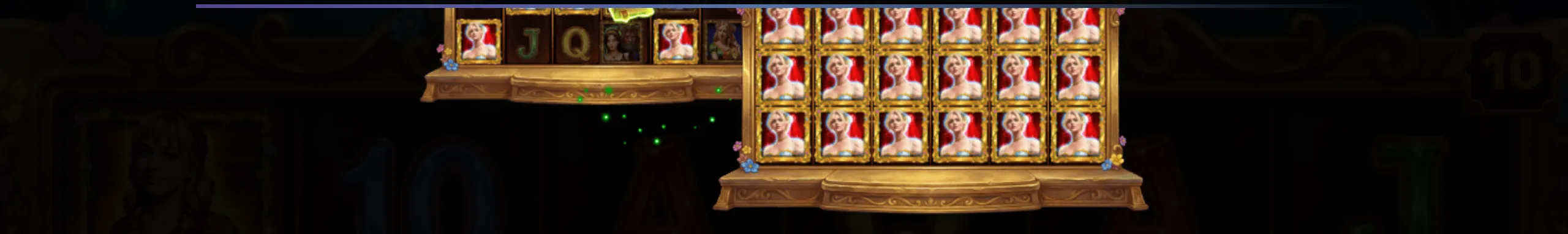 Golden framed portraits of a fairytale beauty dominate the reels, showcasing the game's magical theme with ornate decorations and glowing green sparkles.