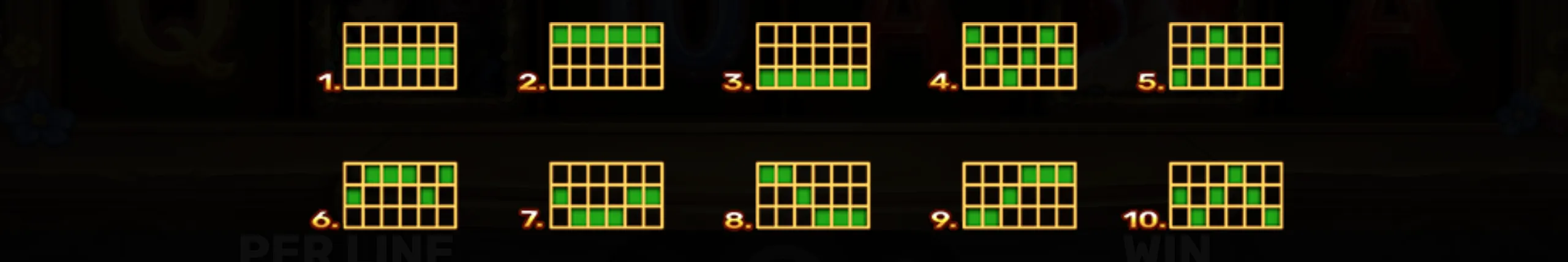 Payline patterns for the slot game Book of Fairytale Beauties 2, showing ten distinct winning line configurations highlighted in green on a dark background.