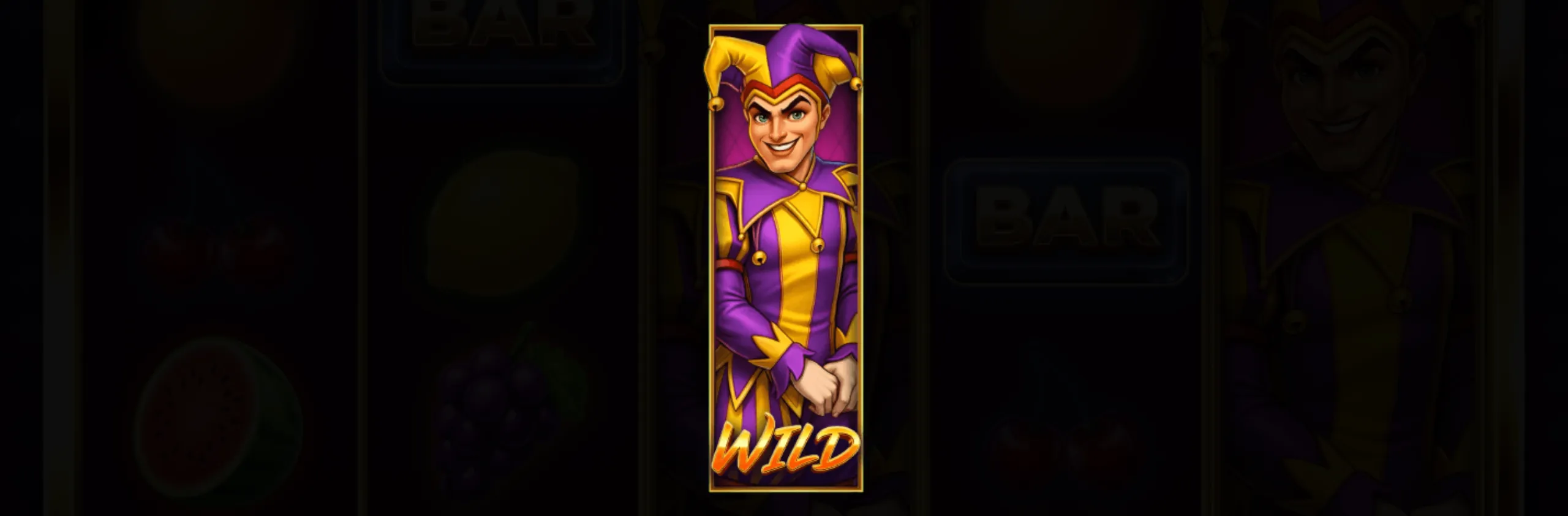 A vibrant joker wild symbol in purple and yellow jester costume with a mischievous smile, designed for the Joker Flare slot game.
