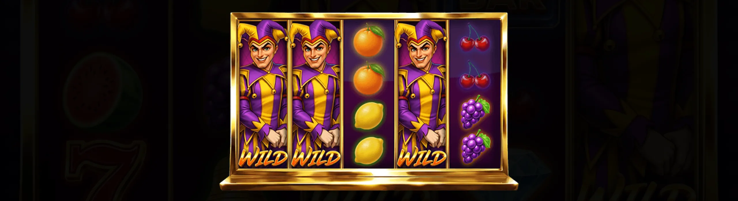 Slot reels featuring a joker wild symbol in purple and yellow jester costume alongside classic fruit symbols like oranges, lemons, cherries, and grapes.