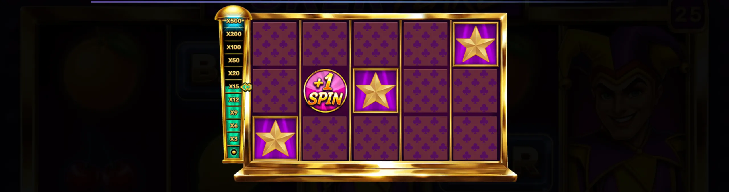 A slot game grid with purple card-back symbols, golden stars, and a +1 spin bonus icon, featuring a multiplier meter on the left side.