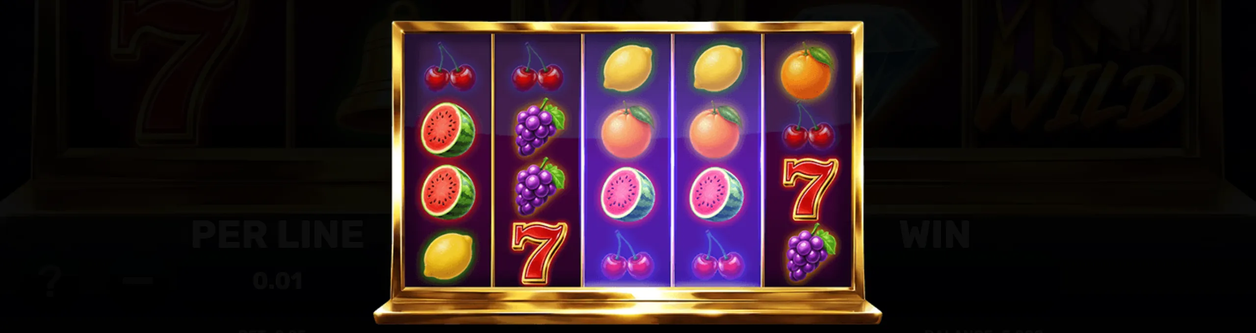 A classic slot machine reel set featuring traditional fruit symbols like cherries, lemons, grapes, watermelon, and oranges, alongside red number 7s on a purple background with gold trim.