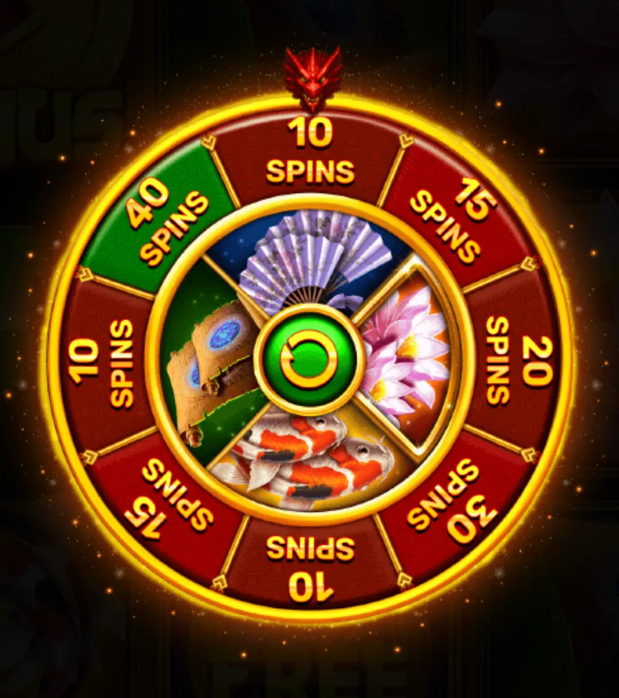 A glowing golden bonus wheel with a red dragon head at the top, featuring various free spin rewards and Asian-themed symbols like fans, koi fish, and lotus flowers.
