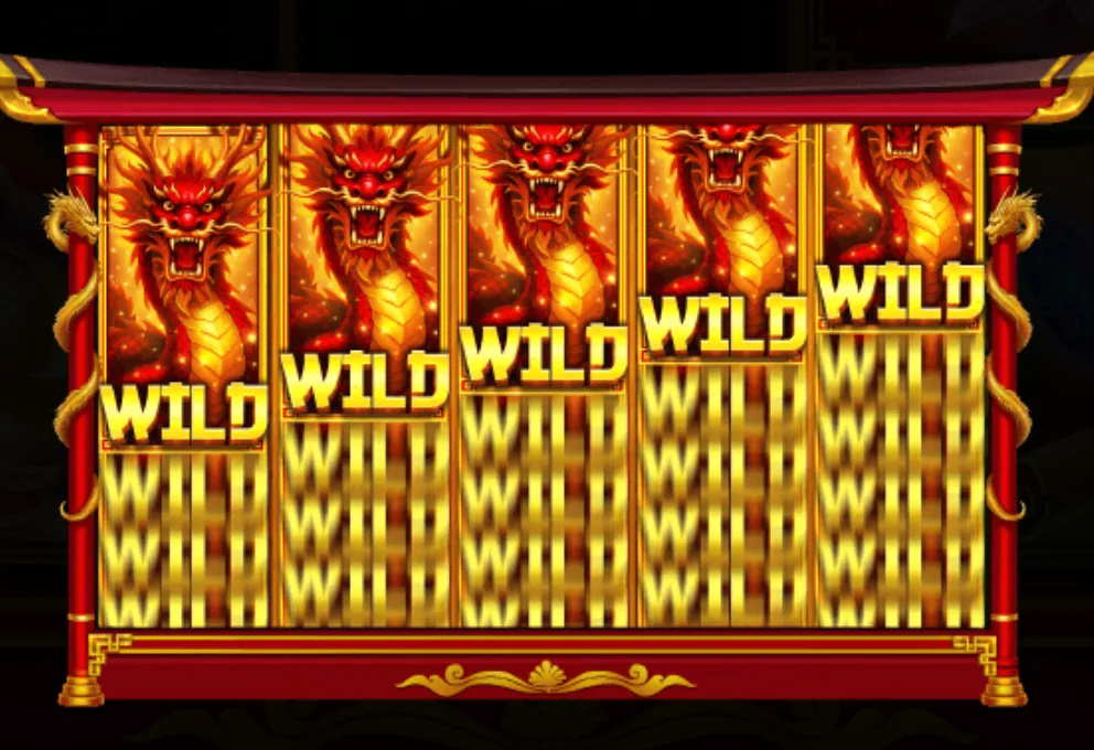 Majestic Red Dragon slot featuring a full row of fiery red dragon wild symbols on a traditional Asian-themed reel set.