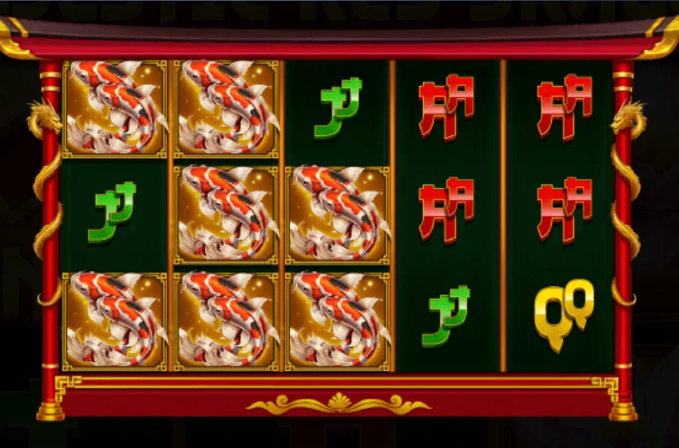 Slot game reels featuring red and white koi fish symbols, stylized Asian characters, and a red and gold dragon-themed frame.