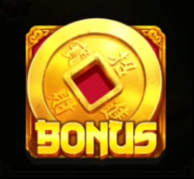 Golden ancient coin with Chinese characters and a square hole in the center, labeled 'BONUS' in bold gold letters.