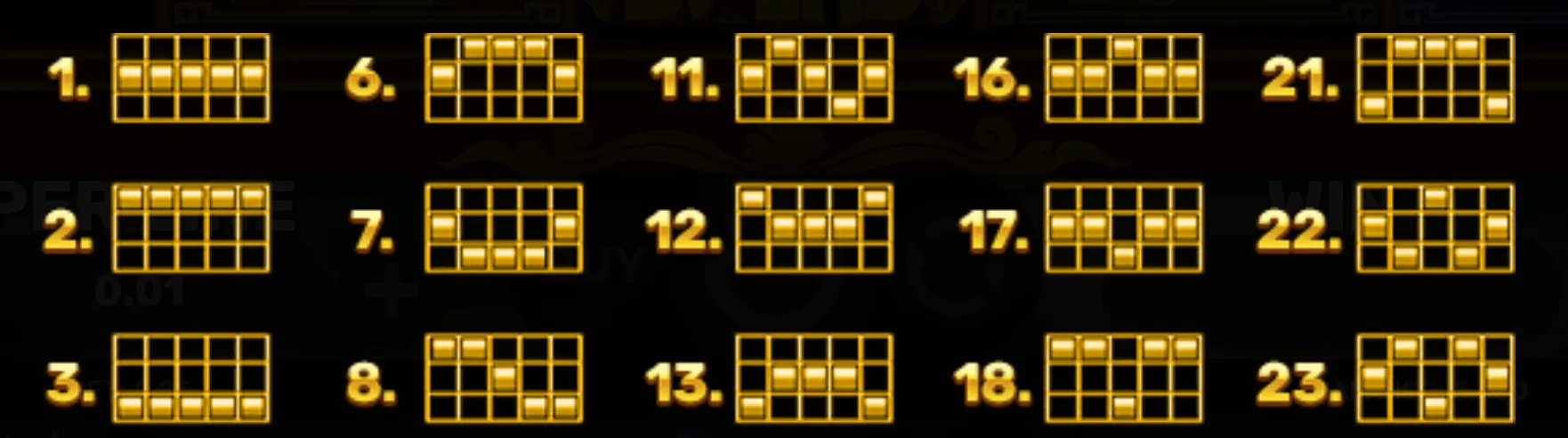 Golden paylines layout for Majestic Red Dragon slot game displayed on a dark background, illustrating 23 distinct winning line patterns.
