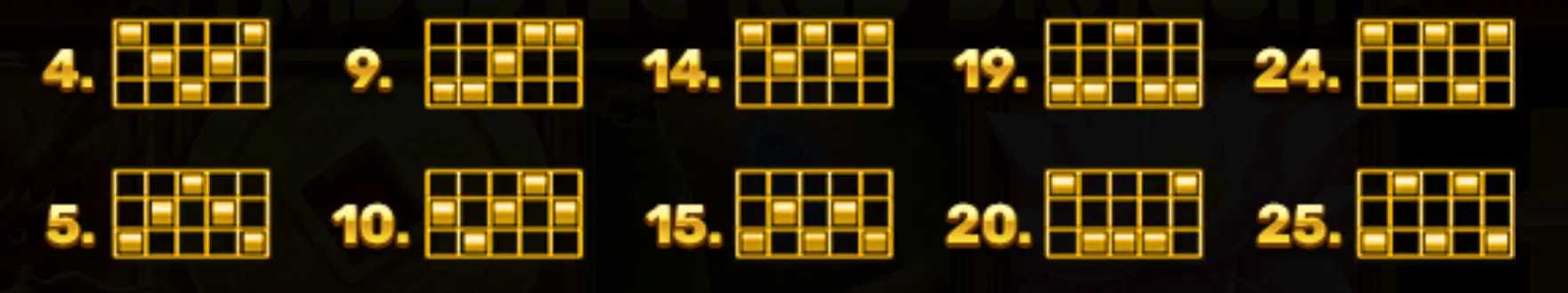 Golden grid patterns illustrating different paylines in the Majestic Red Dragon slot game, numbered 4 to 25.