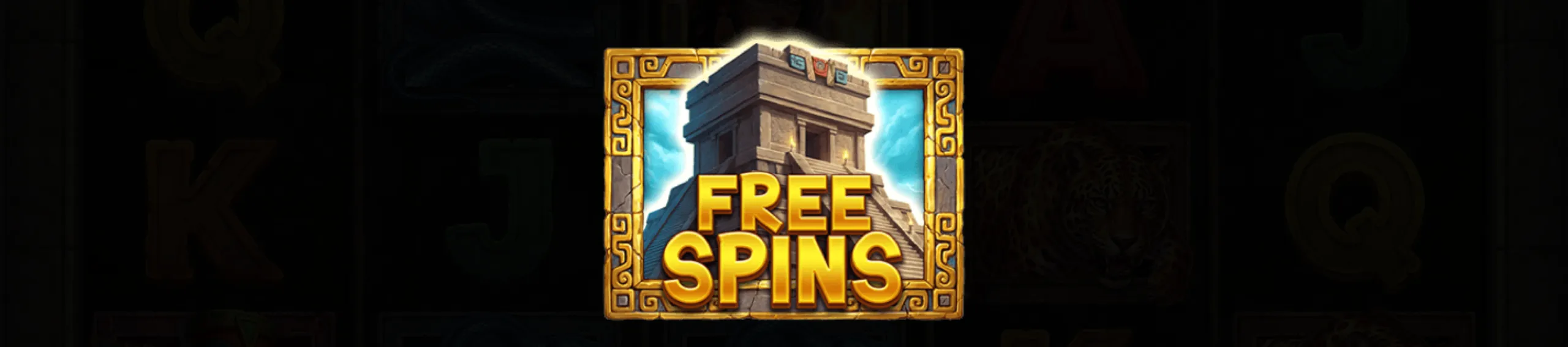 A golden-framed symbol depicting an ancient stone temple with the bold text 'FREE SPINS' in front, signaling a bonus feature in the game.