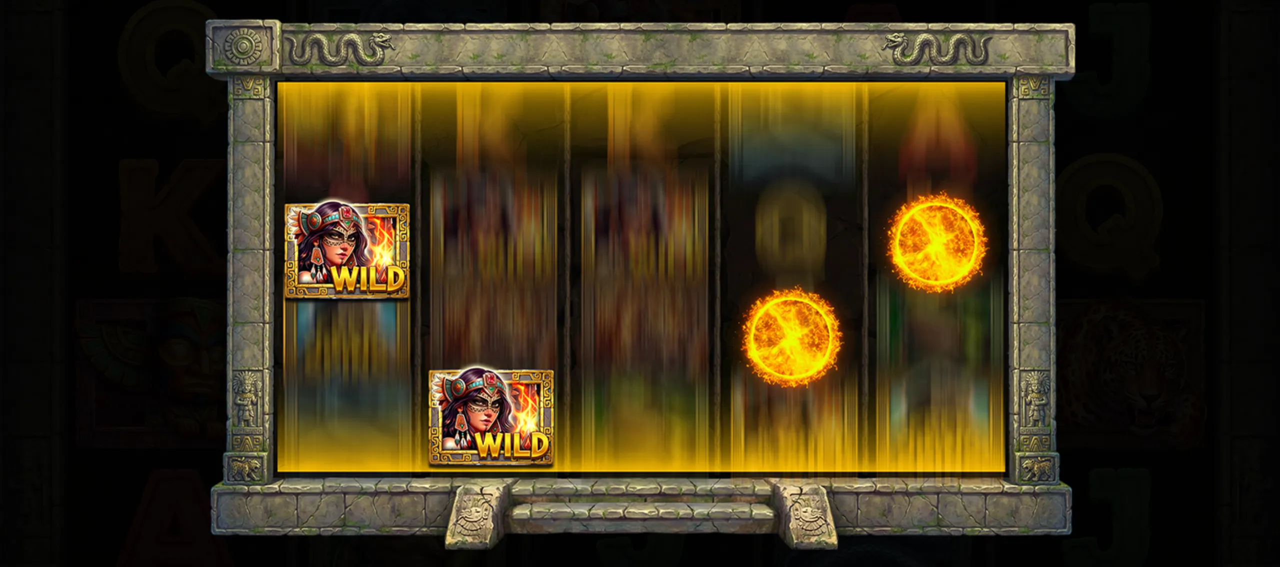Ancient stone-framed slot reels with fiery orbs and wild symbols featuring a masked warrior woman in a tribal theme.
