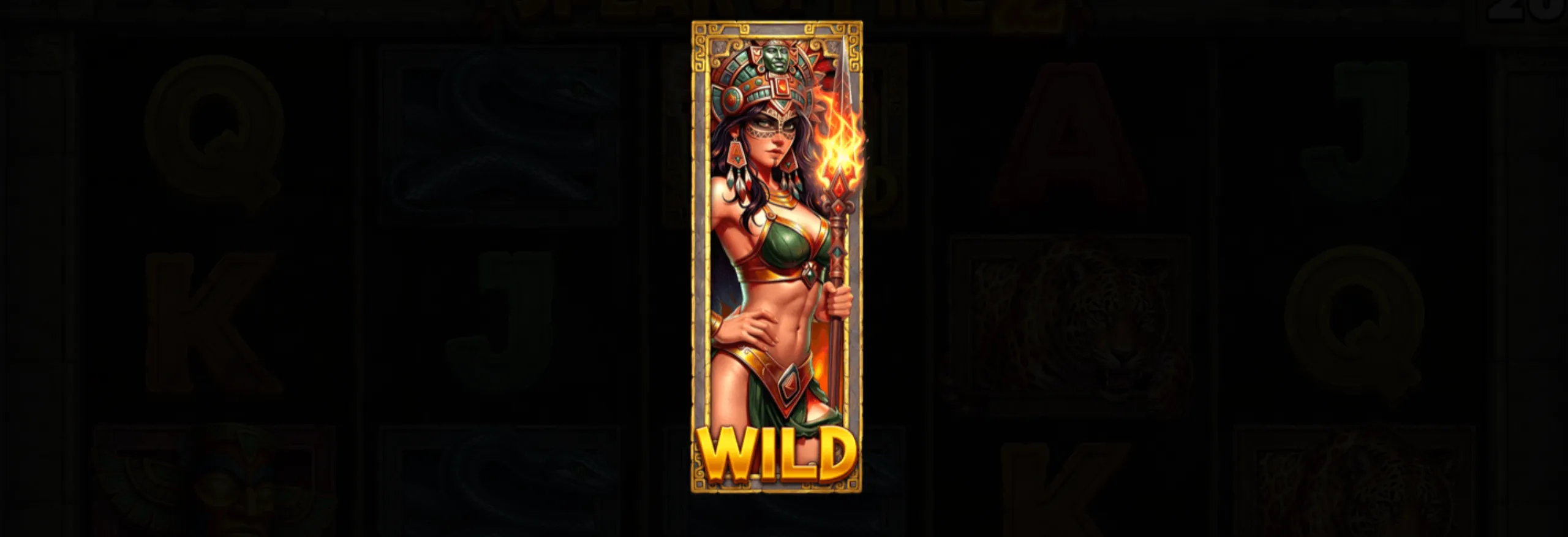 A fierce female warrior holding a flaming spear, adorned in tribal attire and headdress, representing the wild symbol in an ancient Aztec-themed slot game.