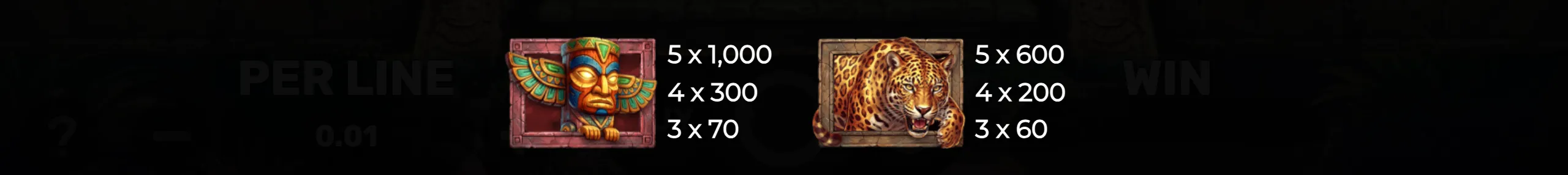 Two high-value slot symbols from Spear of Fire 2, featuring a colorful tribal mask and a fierce leopard, with corresponding payout values for matching 3, 4, and 5 symbols.