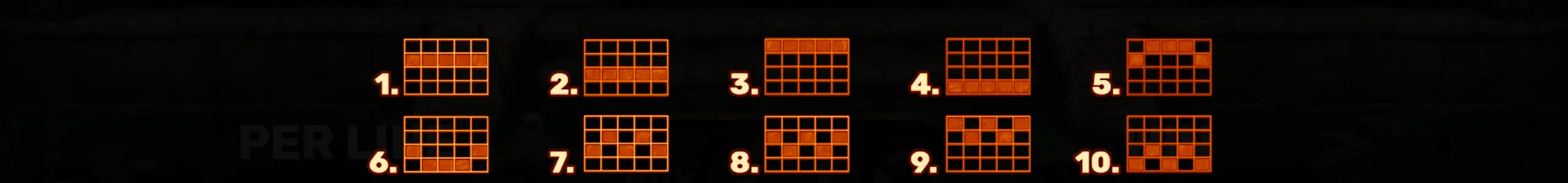 Payline patterns for Spear of Fire 2 slot game displayed in glowing orange grids on a dark background.